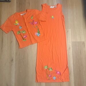 Needle & Threads Orange Tropical Flamingo Embroidered Maxi Dress & Cardigan Set